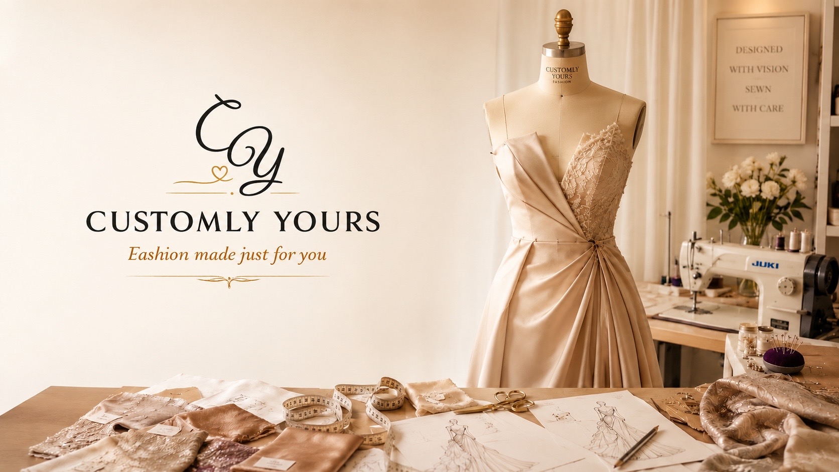 Customly Yours Fashion couture studio with dress form and elegant gown in progress