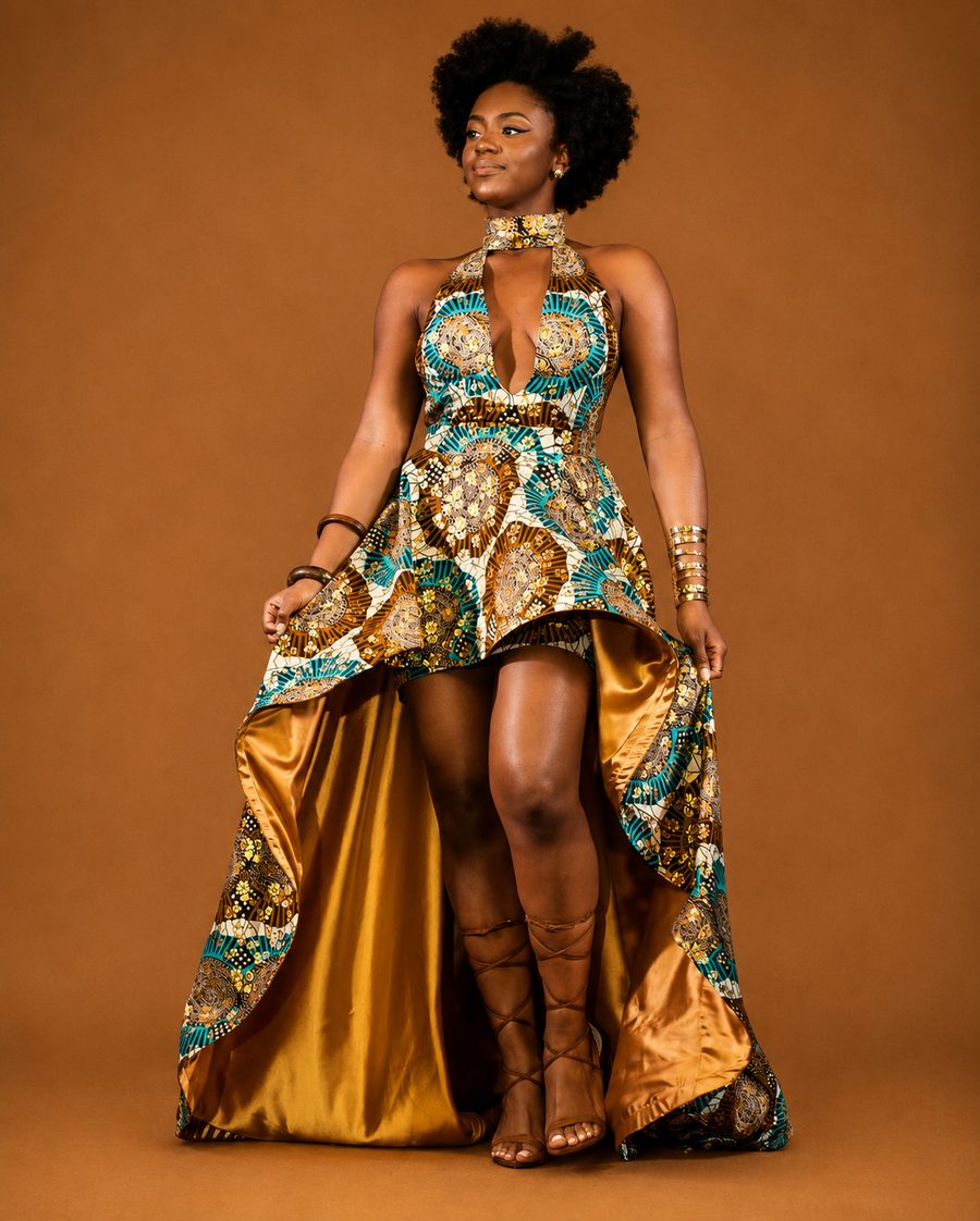 Custom Ankara print high-low halter gown with satin lining by Customly Yours Fashion