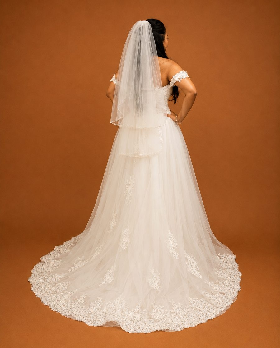 Custom bridal ball gown with mantilla veil — back view by Customly Yours Fashion