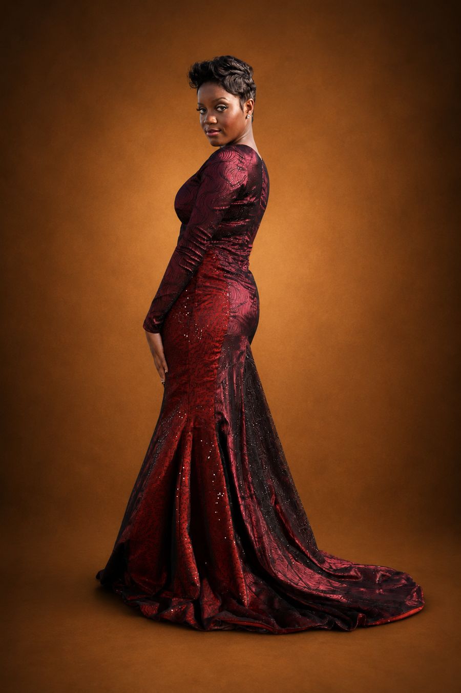Custom burgundy damask long-sleeve mermaid evening gown with train by Customly Yours Fashion