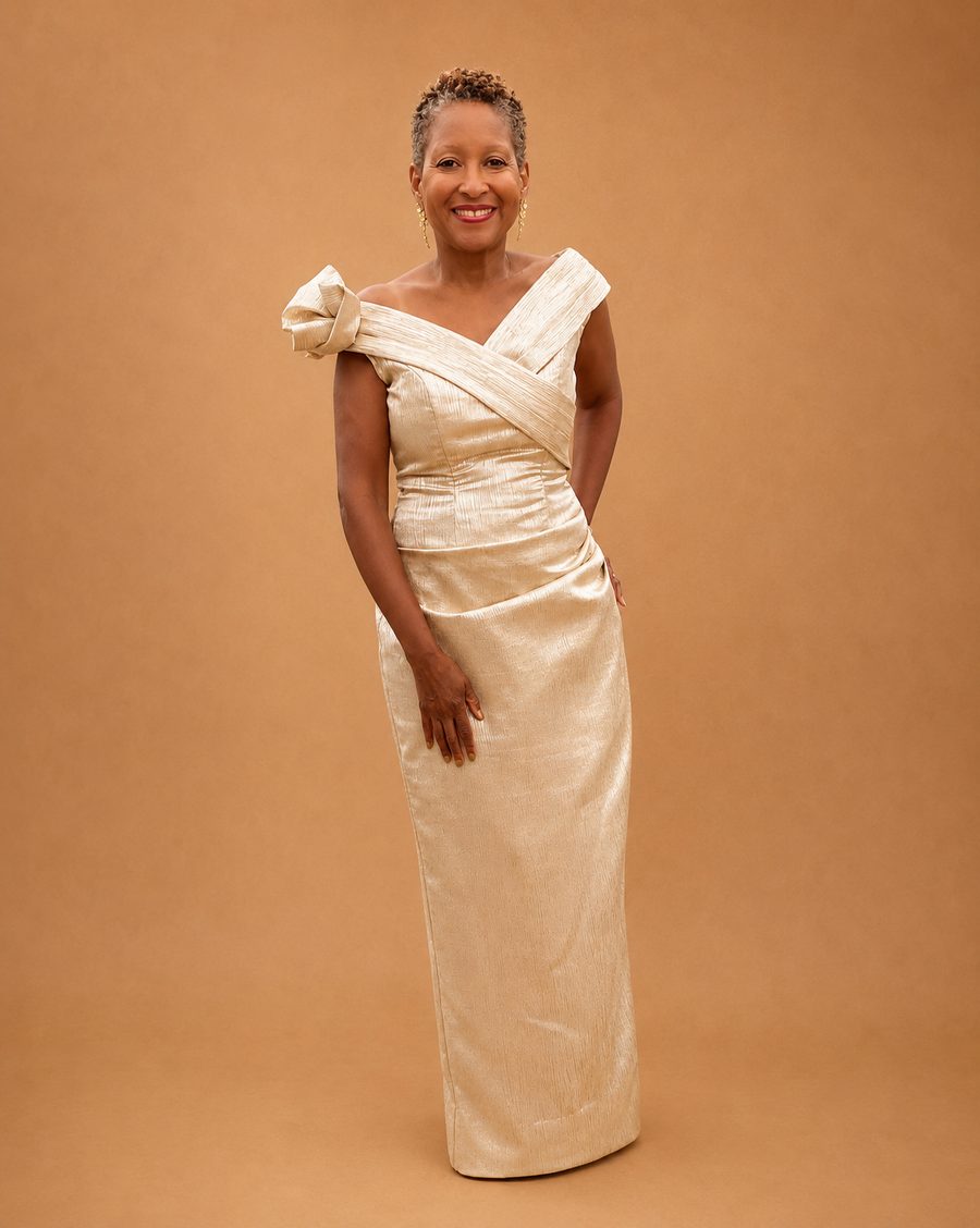 Custom champagne pleated mother-of-the-bride gown by Customly Yours Fashion
