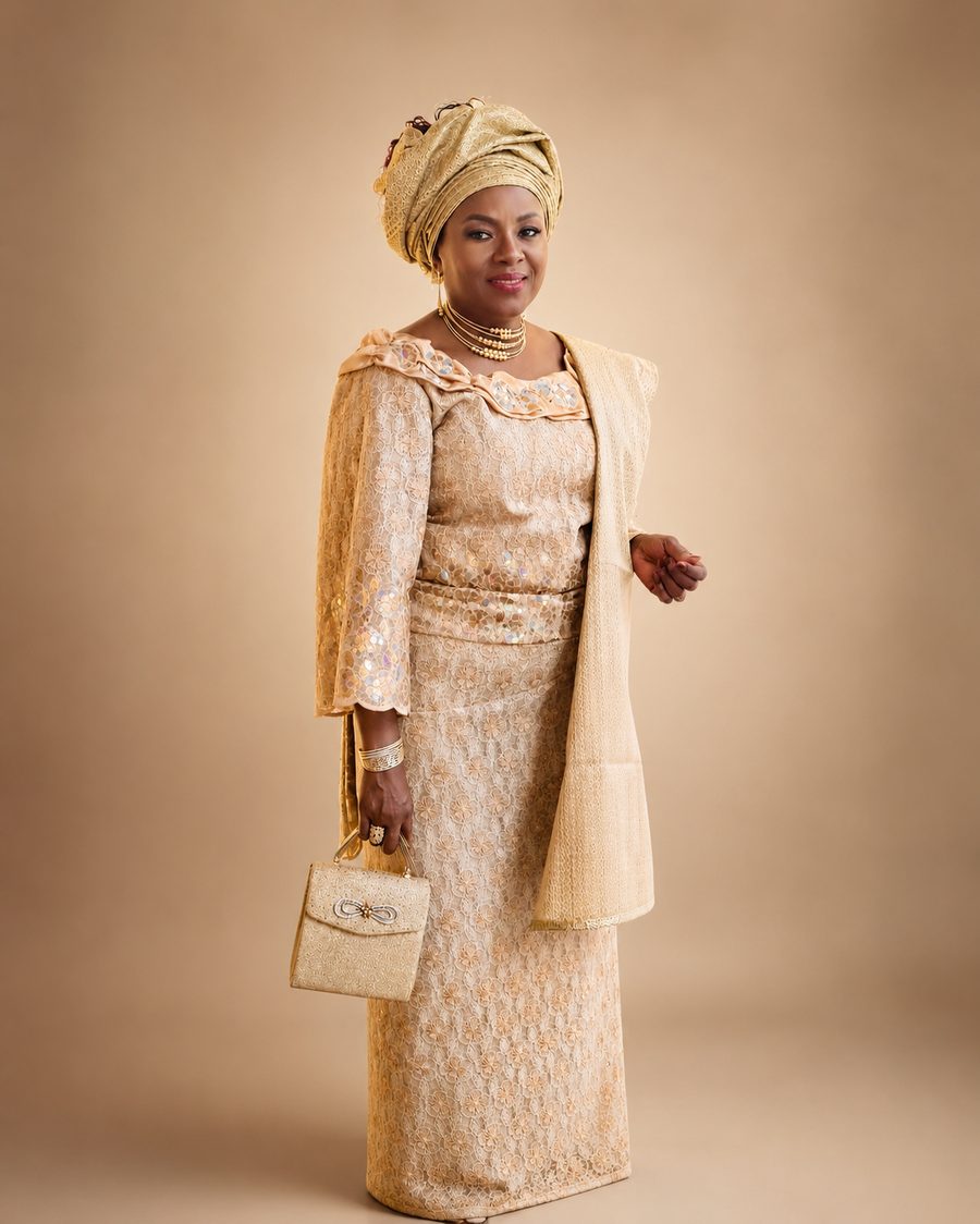 Custom gold Yoruba aso ebi ensemble with gele by Customly Yours Fashion