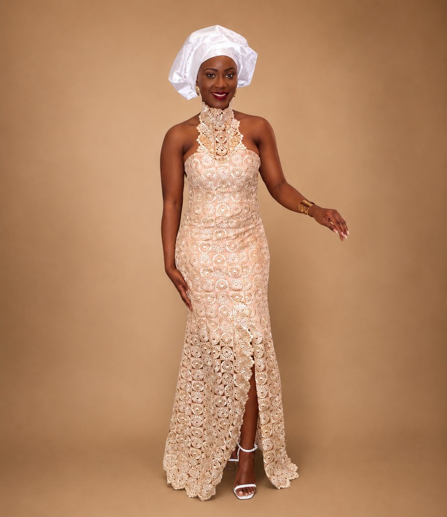 Custom ivory lace aso ebi gown with gele by Customly Yours Fashion