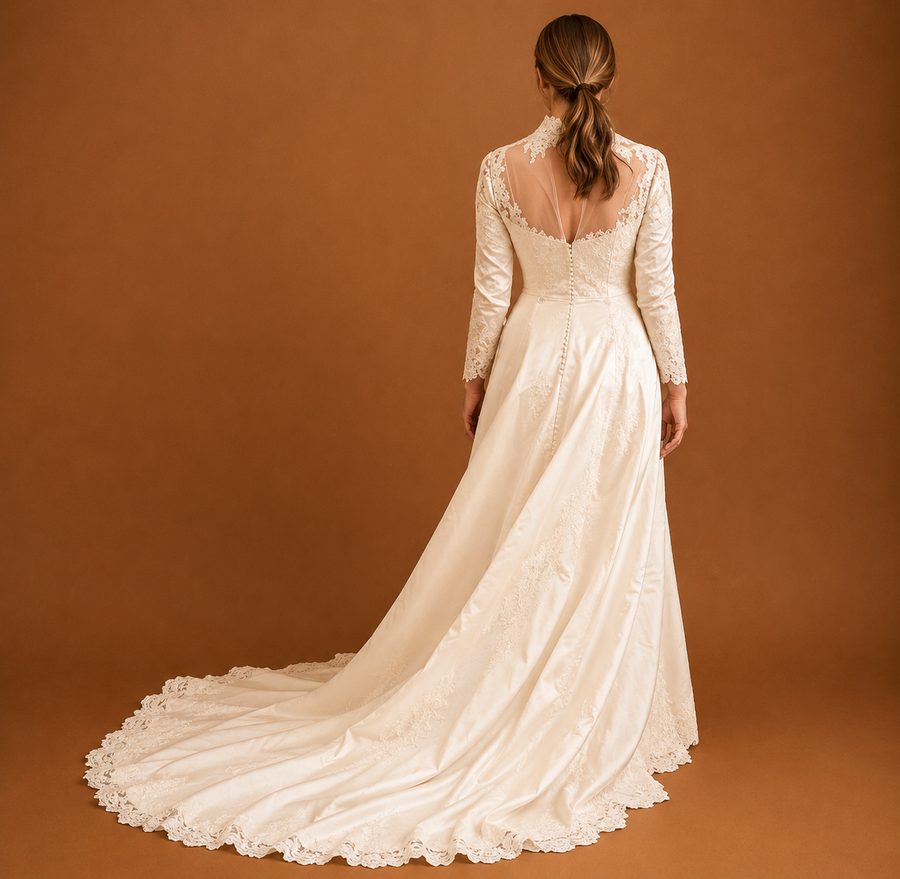 Custom ivory long-sleeve bridal gown with lace train — back view by Customly Yours Fashion