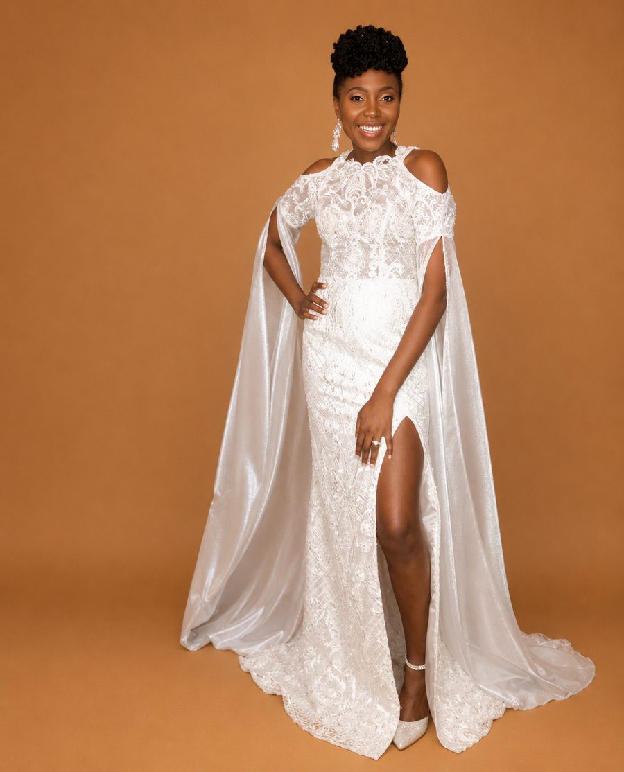 Custom lace bridal gown with cold-shoulder cape sleeves and beaded bodice by Customly Yours Fashion