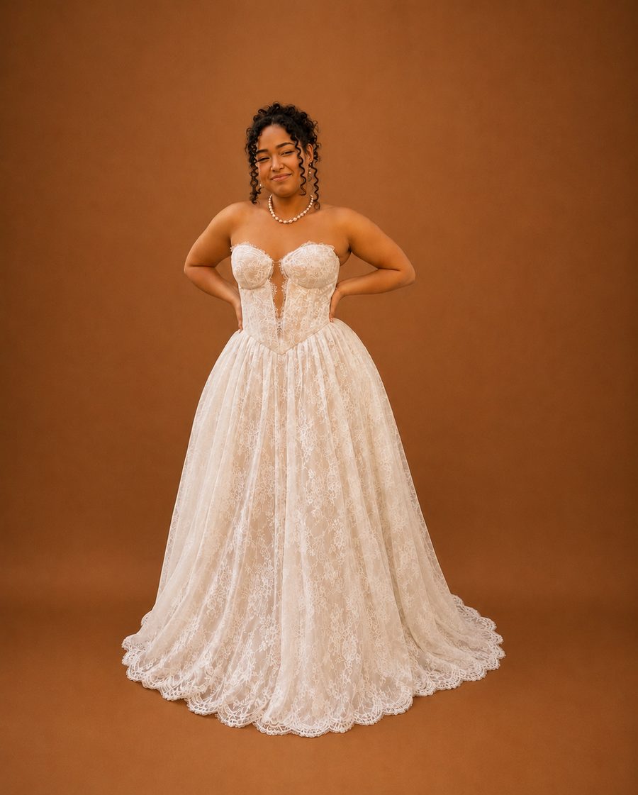 Custom strapless lace bridal ball gown with corset bodice by Customly Yours Fashion