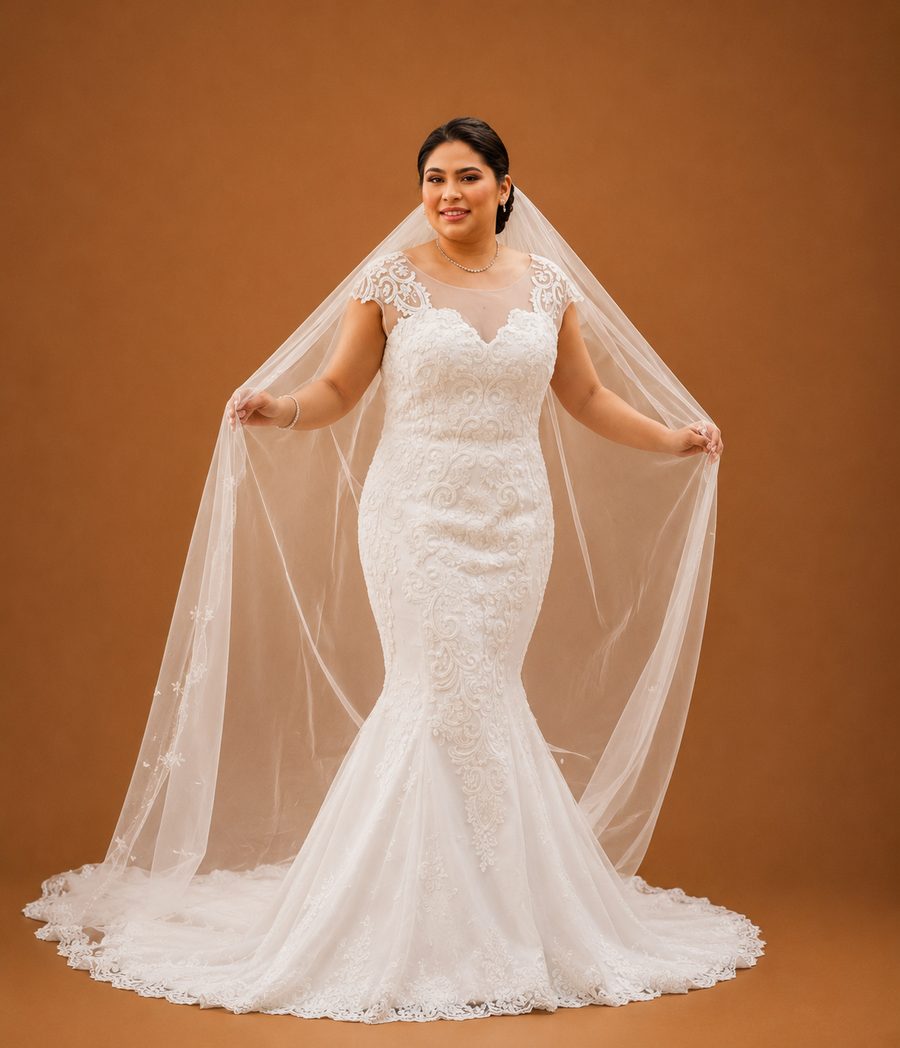 Custom lace mermaid bridal gown with cathedral veil by Customly Yours Fashion