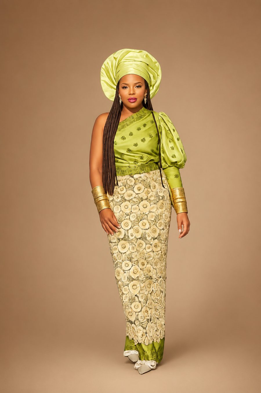 Custom lime green Yoruba aso ebi ensemble by Customly Yours Fashion