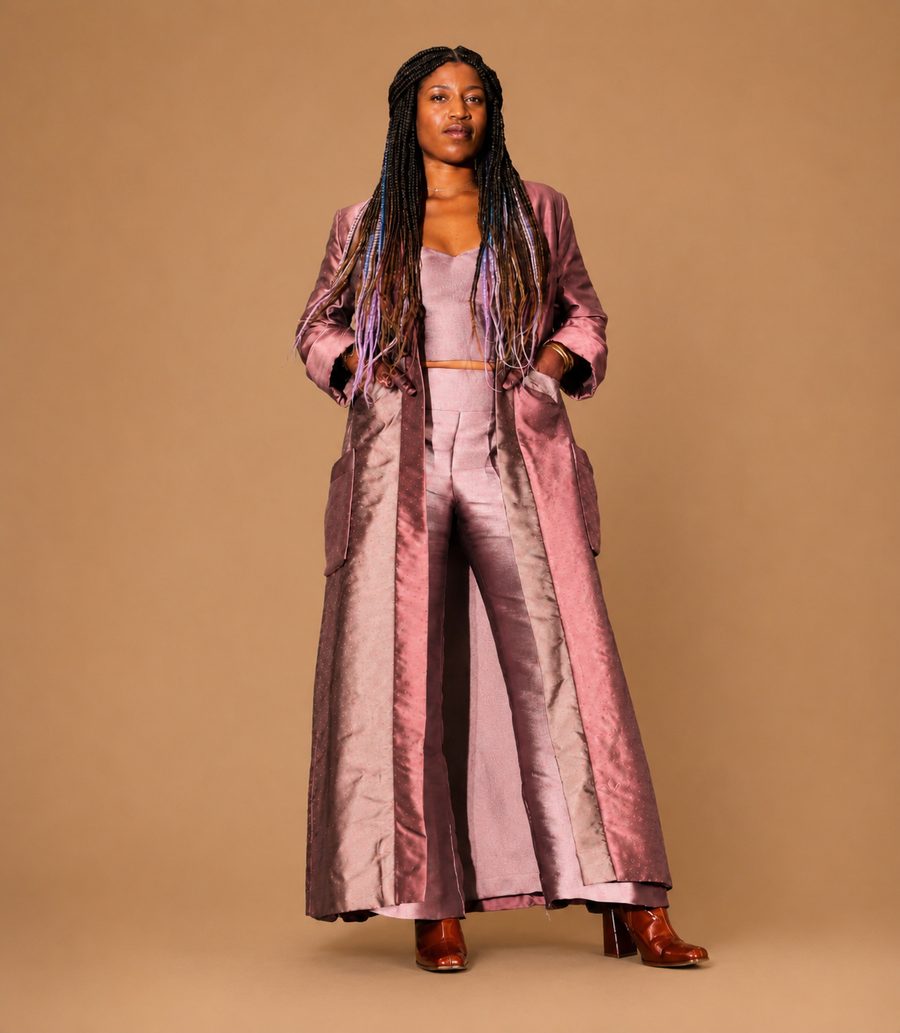 Custom mauve silk coat and wide-leg pant suit by Customly Yours Fashion