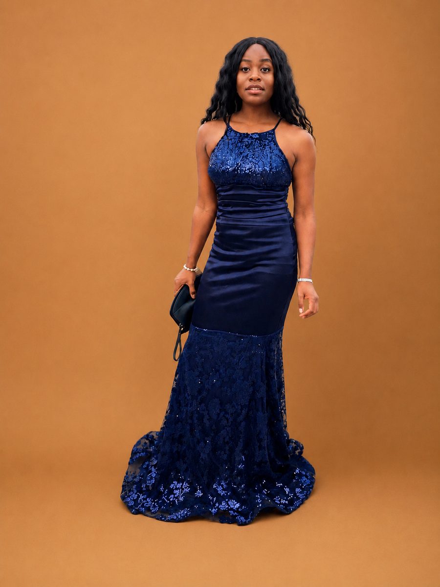 Custom navy lace mermaid prom gown by Customly Yours Fashion