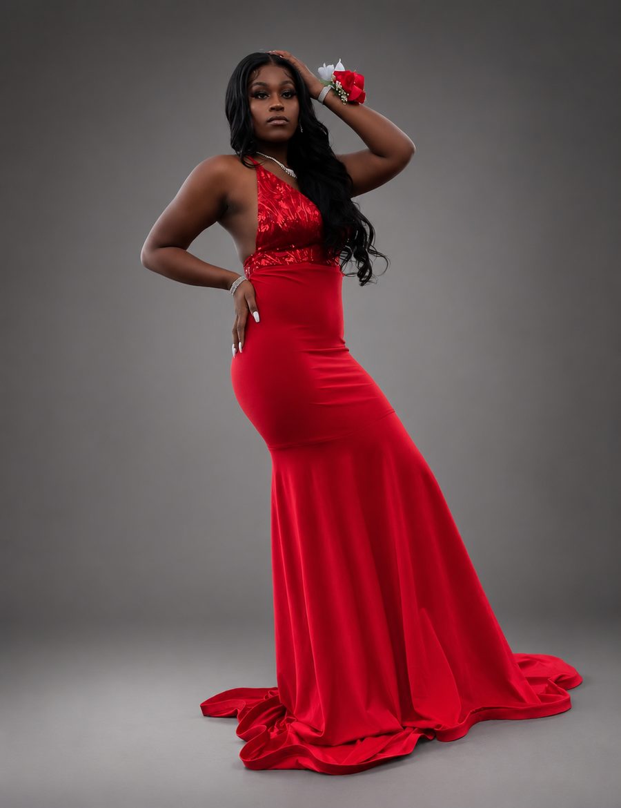 Custom red mermaid prom gown by Customly Yours Fashion