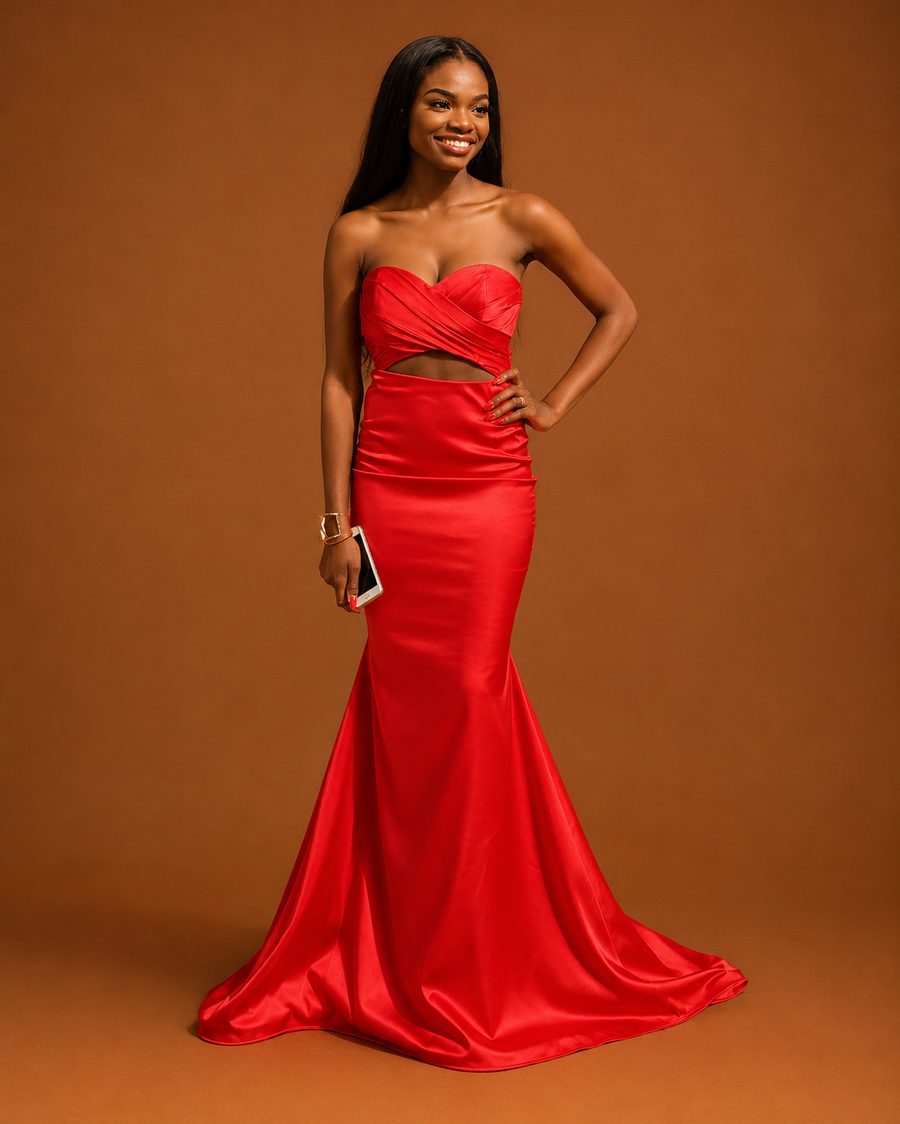 Custom red satin strapless mermaid prom gown with cutout waist by Customly Yours Fashion