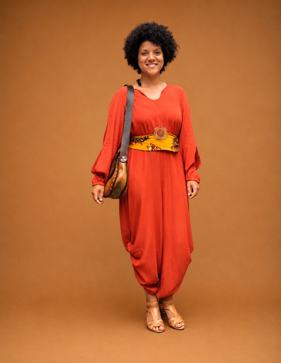 Custom rust silk jumpsuit with embellished sash by Customly Yours Fashion