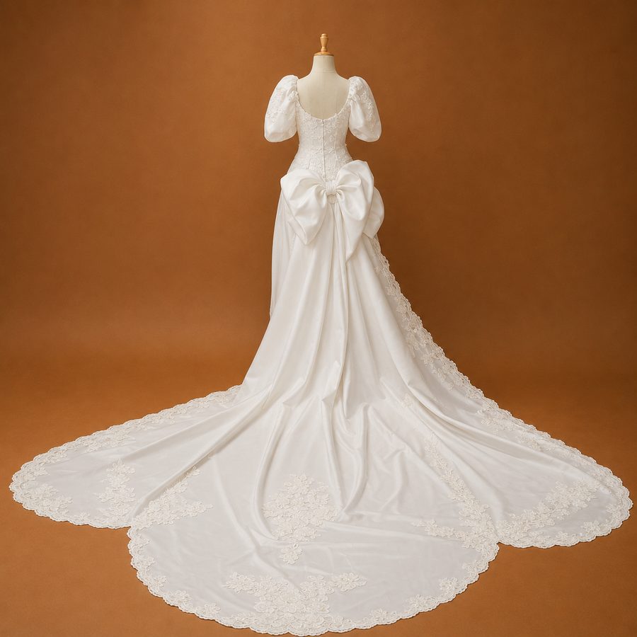 Custom satin bridal ball gown with oversized back bow by Customly Yours Fashion