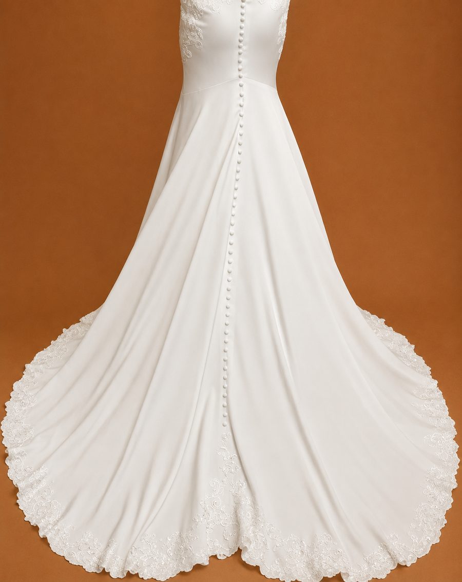 Custom satin bridal gown with covered button row and lace train by Customly Yours Fashion
