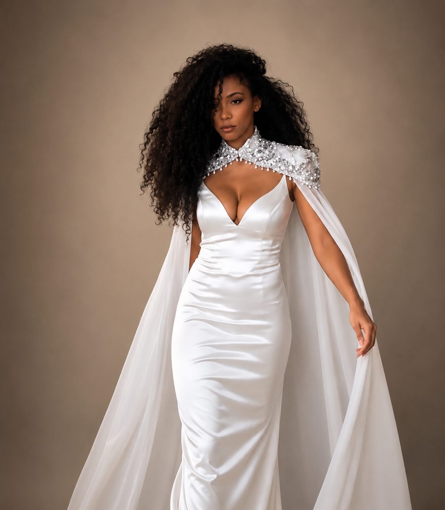 Custom satin bridal gown with embellished cape by Customly Yours Fashion