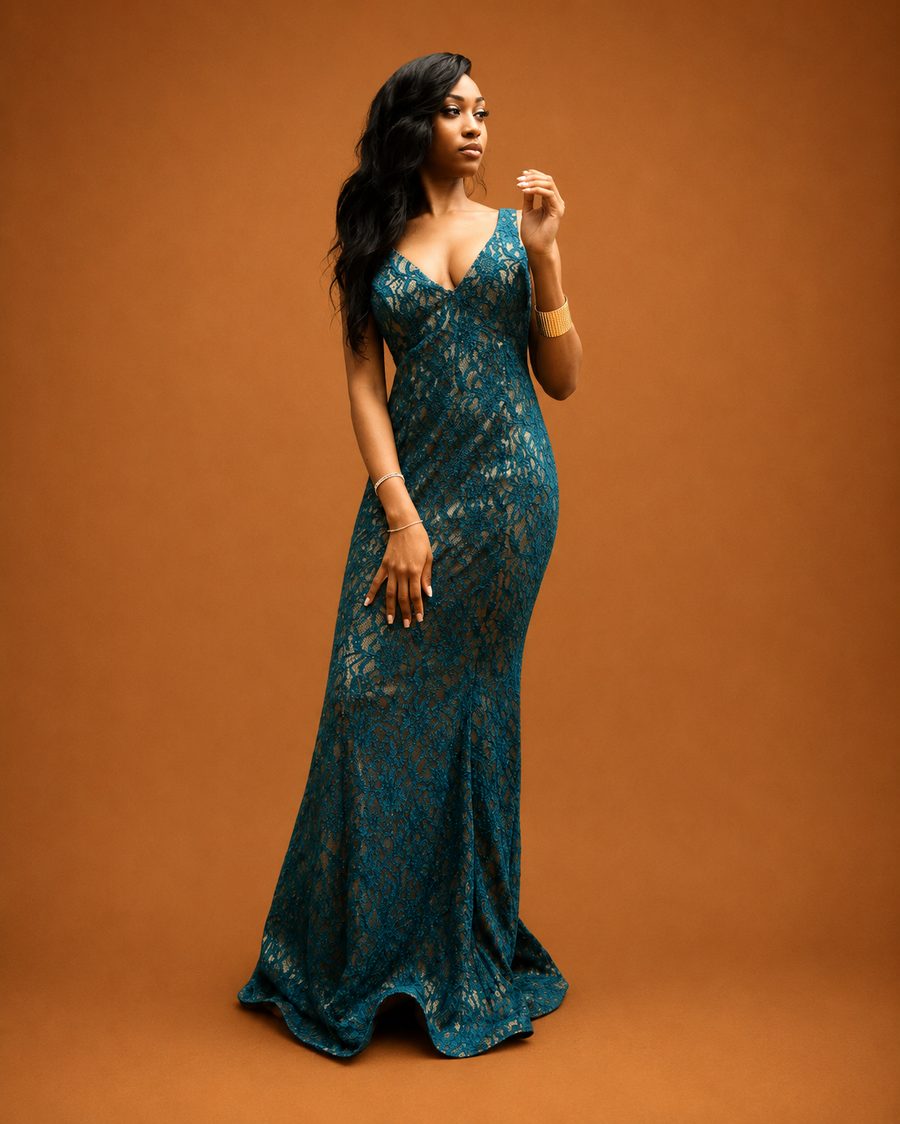 Custom teal lace mermaid gown by Customly Yours Fashion