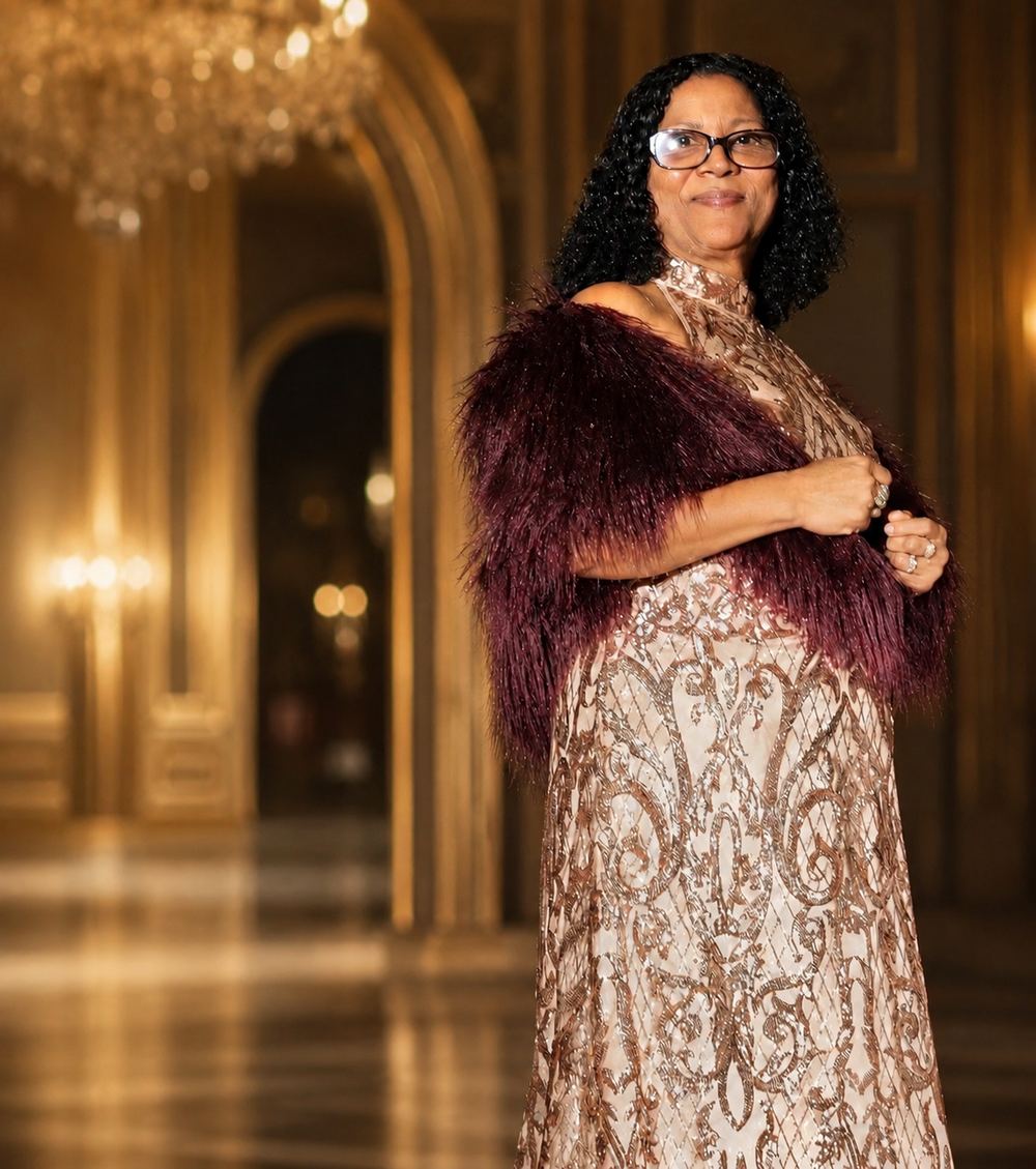 Lorraine Lobert Freeman in a custom champagne sequin gown with burgundy fur stole at an event