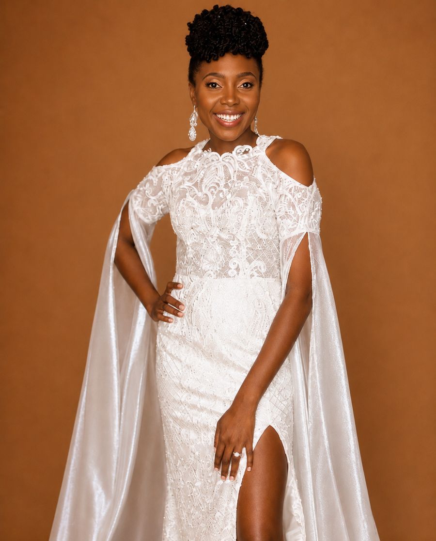 Custom lace bridal gown with cold-shoulder cape sleeves and beaded bodice by Customly Yours Fashion