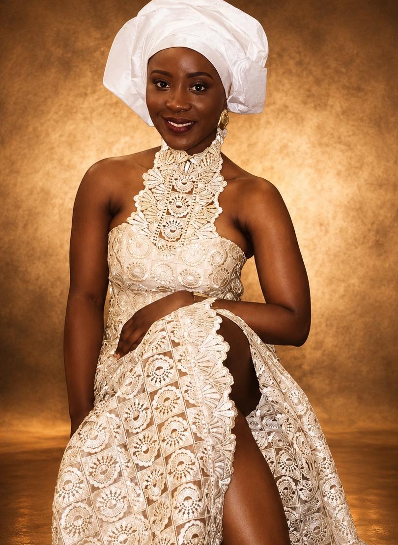Custom ivory lace formal gown with embellished gele headpiece by Customly Yours Fashion